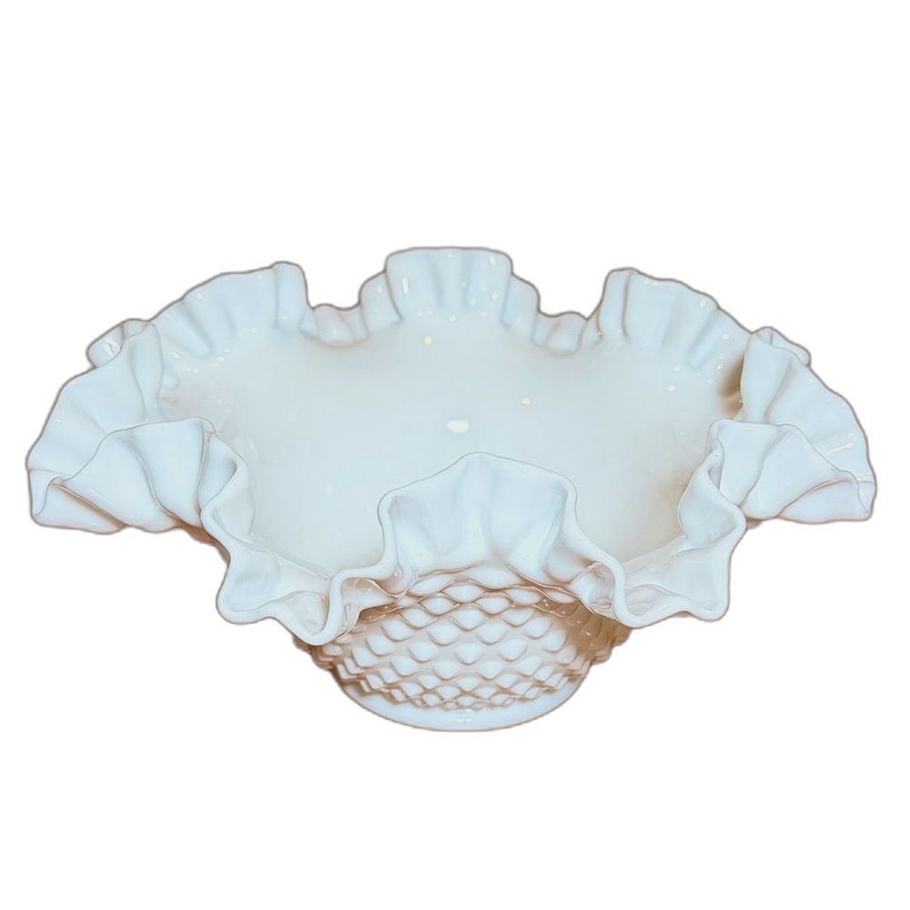 Vintage Unmarked Fenton White Milk Glass Hobnail 10" Ruffled Bowl (1950-1973)